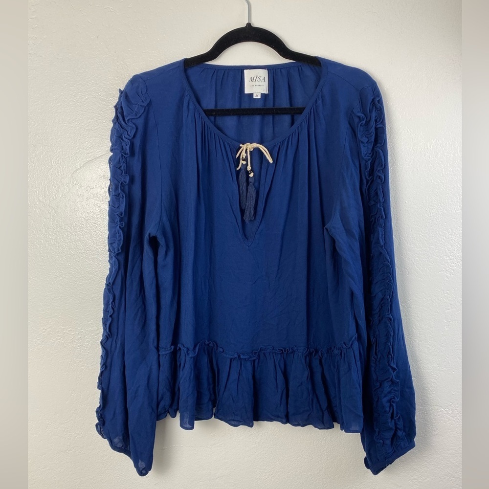 MISA Los Angeles Blue Boho Festival Ruffle Long‎ Sleeve Rayon Top Blouse Medium